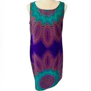 Nine West Sleeveless Medallion Shift Dress in Teal Green/Purple Women’s 6